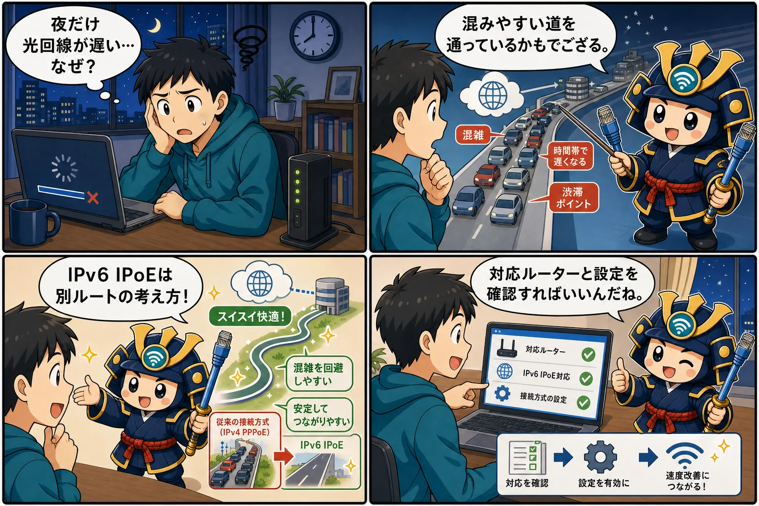 IPv6 IPoEを台詞入り記事別4コマ漫画で解説