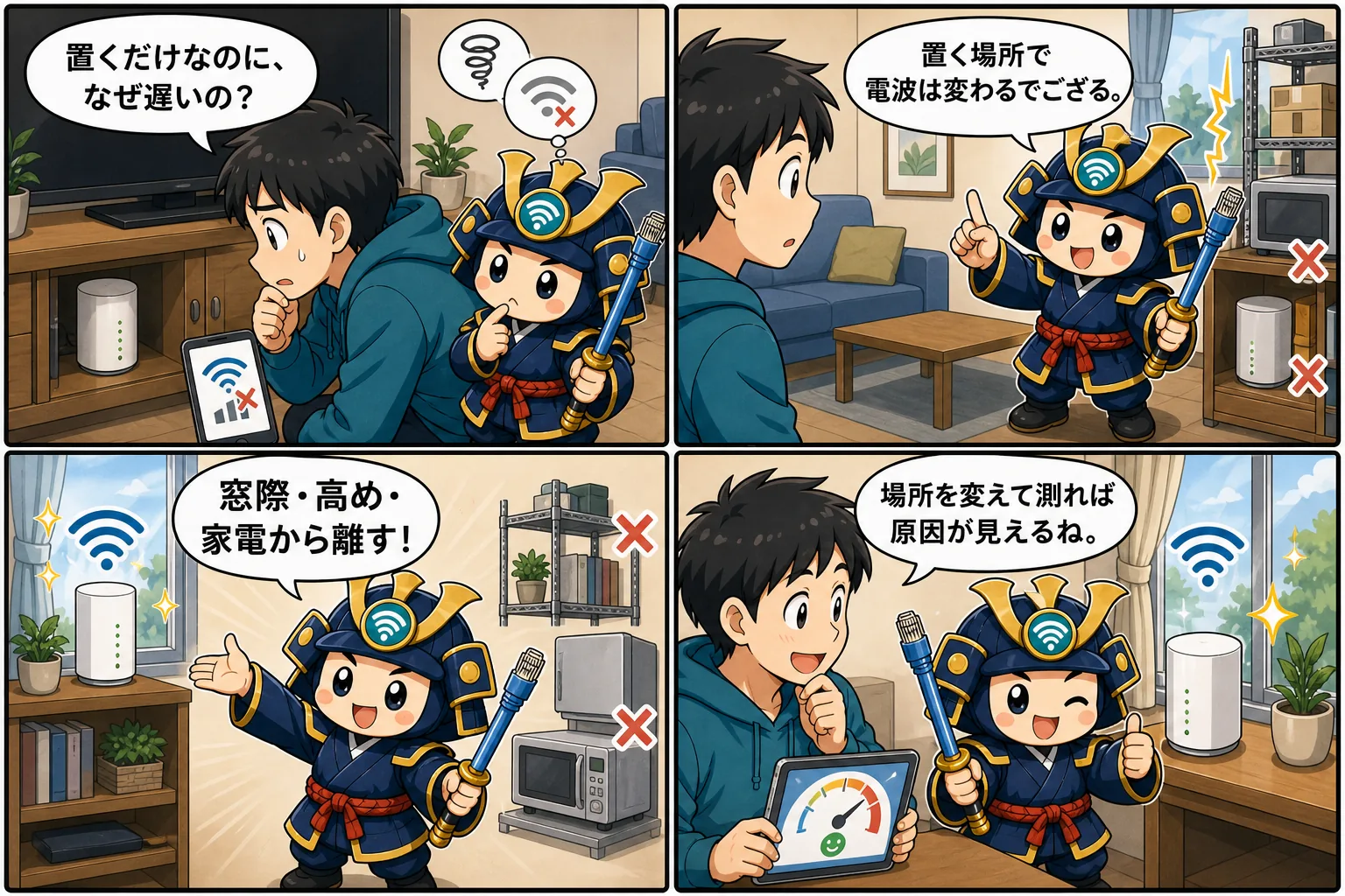 ホームルーターの置き場所を台詞入り記事別4コマ漫画で解説