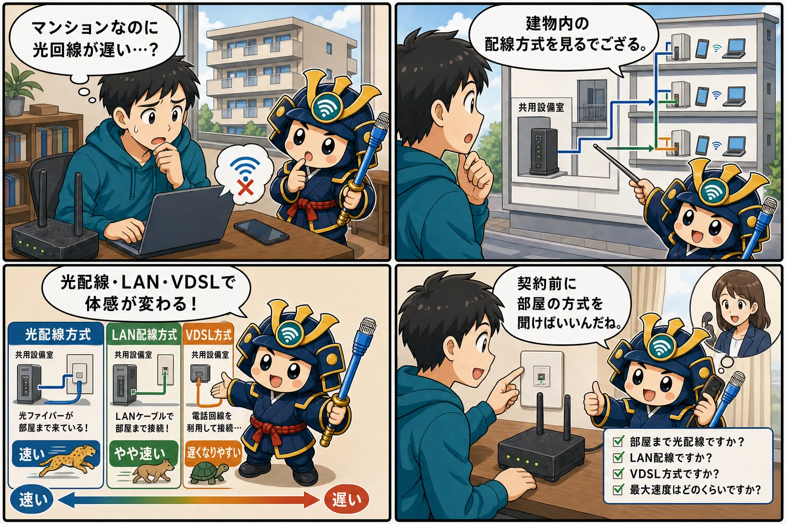 マンション光回線の配線方式を台詞入り記事別4コマ漫画で解説