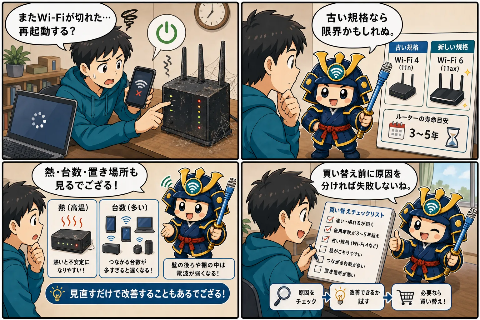 Wi-Fiルーターの買い替え時期を台詞入り記事別4コマ漫画で解説
