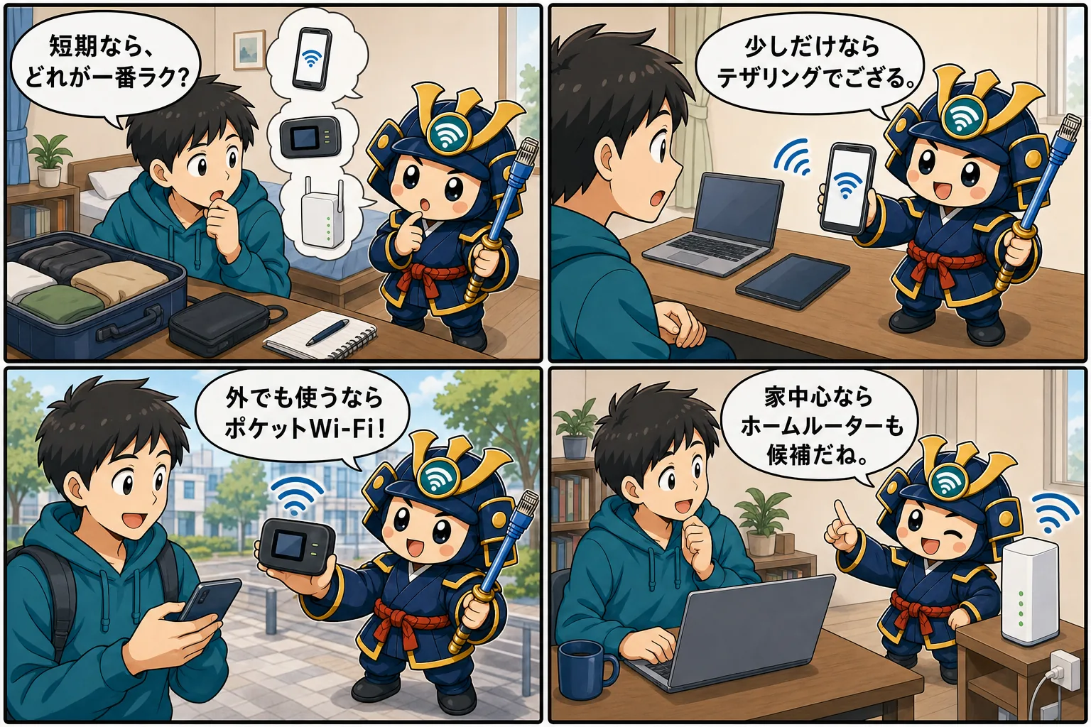 テザリング ポケットWi-Fi ホームルーターの違いを台詞入り記事別4コマ漫画で解説