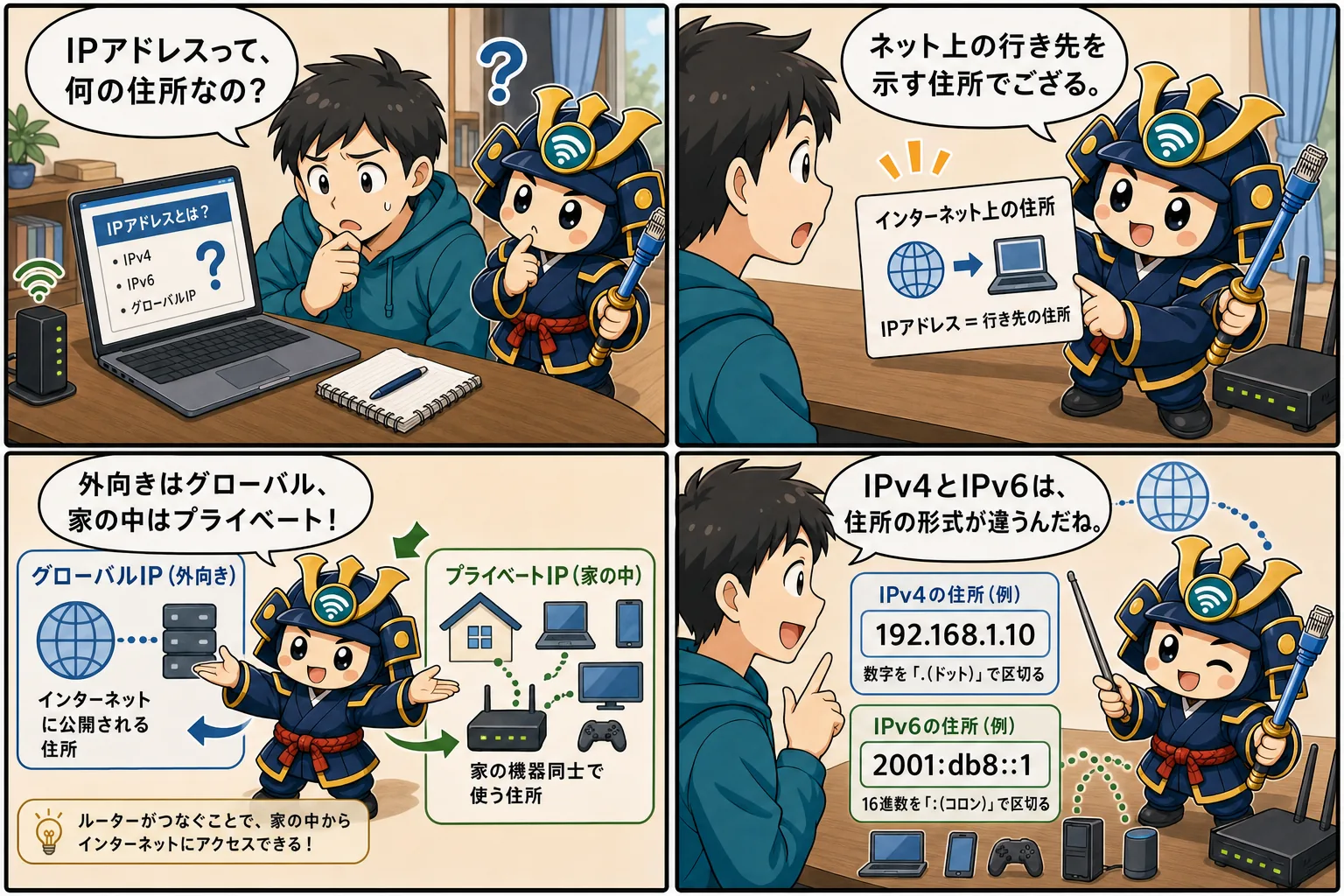 IPアドレスとIPv4 IPv6を台詞入り記事別4コマ漫画で解説