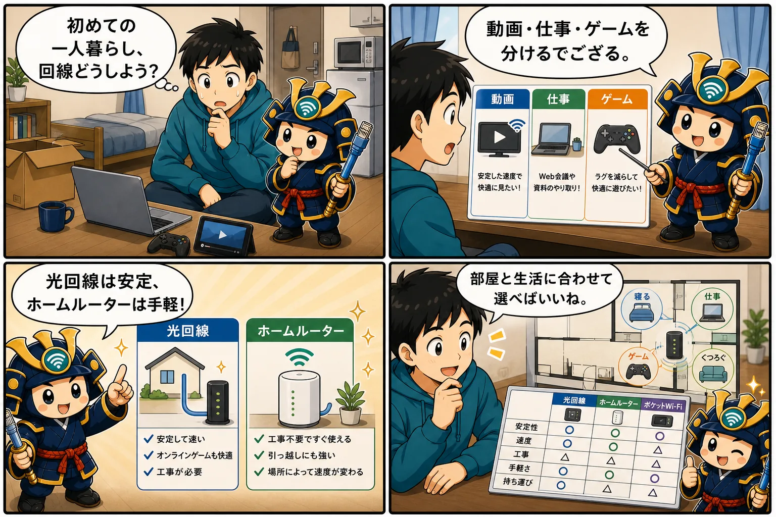 一人暮らしのインターネット回線の選び方を台詞入り記事別4コマ漫画で解説