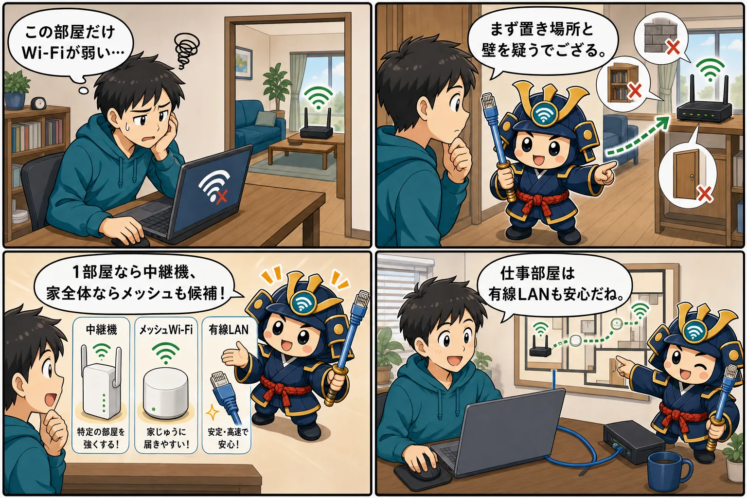 Wi-Fiが届かない部屋の対策を台詞入り記事別4コマ漫画で解説