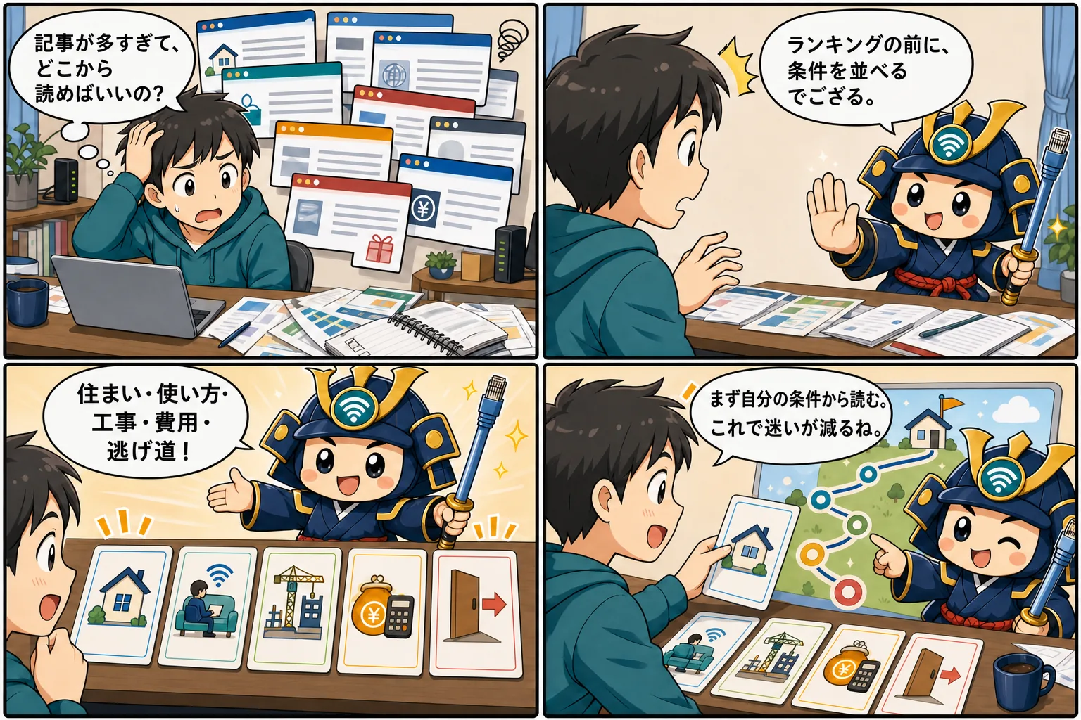 回線侍の読み方を台詞入り記事別4コマ漫画で解説