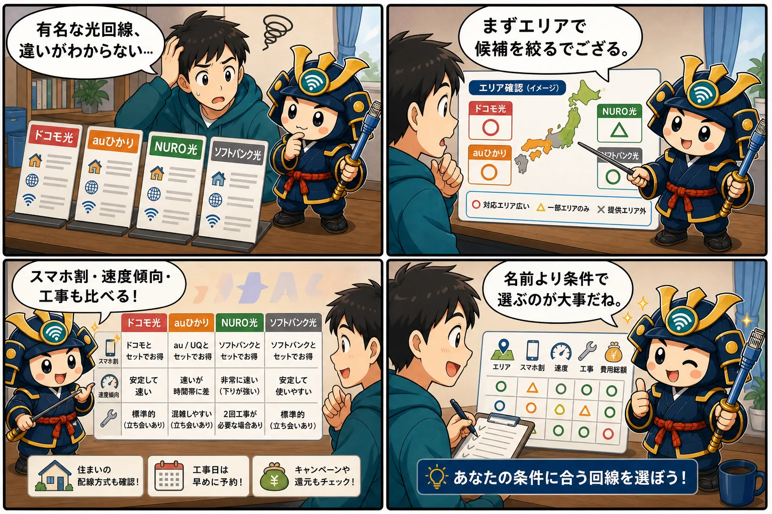 主要光回線の違いを台詞入り記事別4コマ漫画で解説