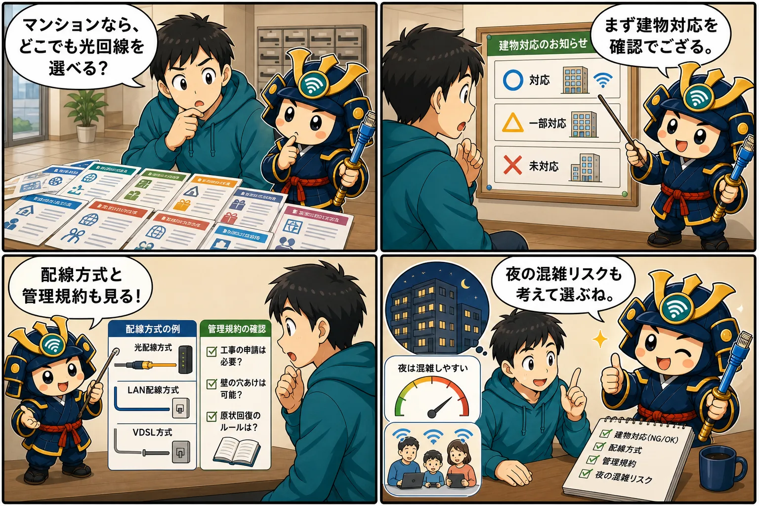 マンションの光回線選びを台詞入り記事別4コマ漫画で解説