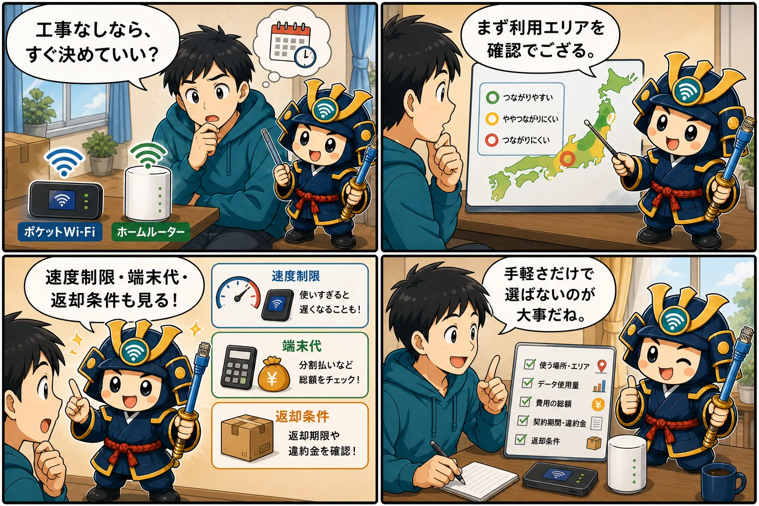 工事不要Wi-Fiの選び方を台詞入り記事別4コマ漫画で解説