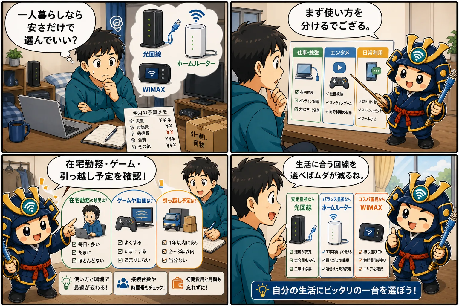 一人暮らしのインターネット回線選びを台詞入り記事別4コマ漫画で解説