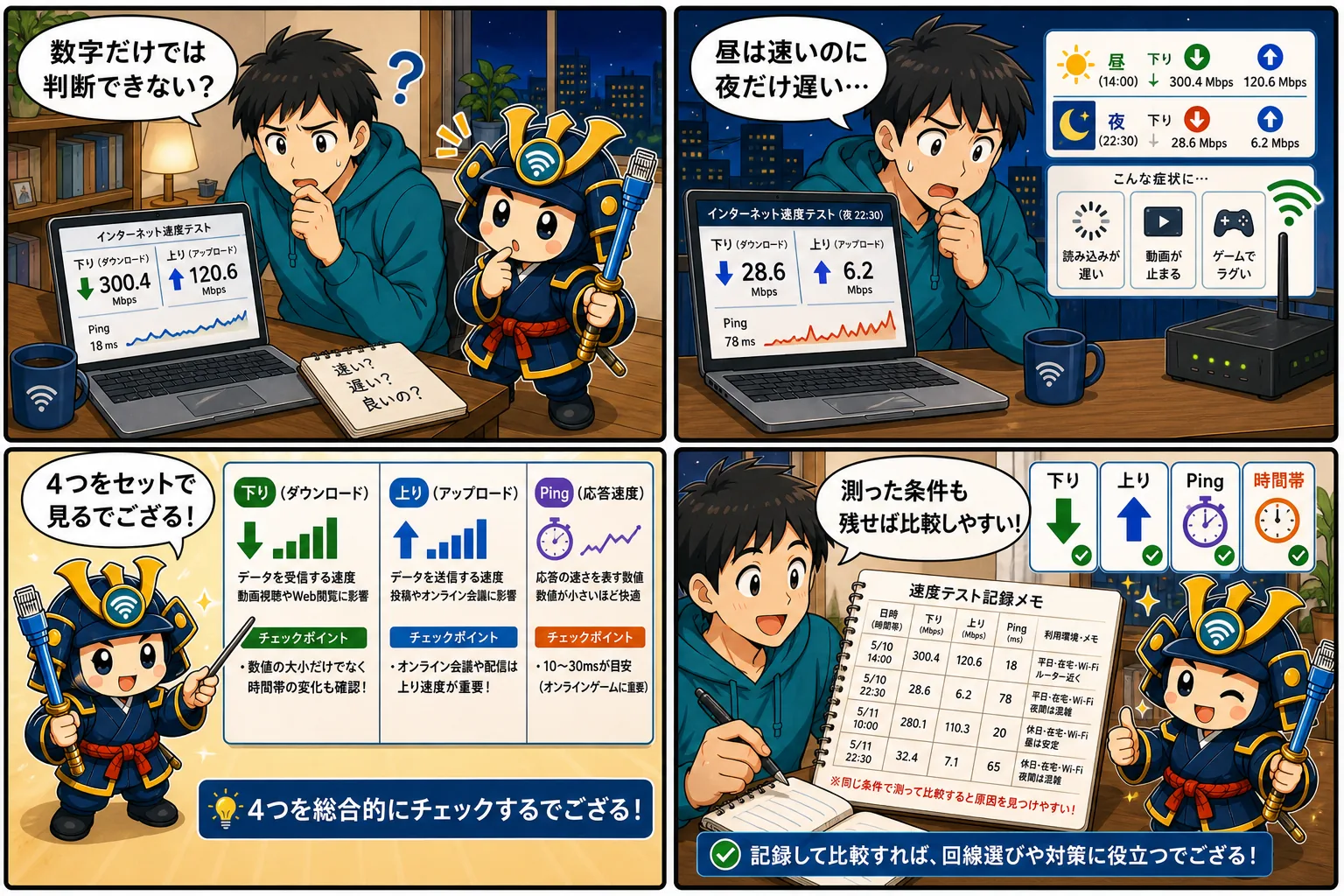 ネット回線の実測レポートを下り・上り・Ping・時間帯で読む回線侍の4コマ漫画