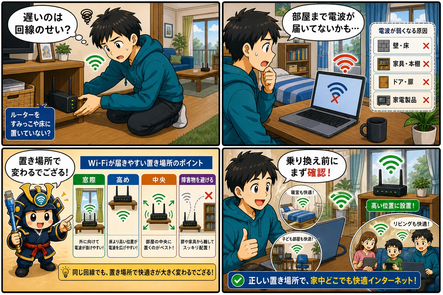 ホームルーターの置き場所を見直す回線侍の4コマ漫画