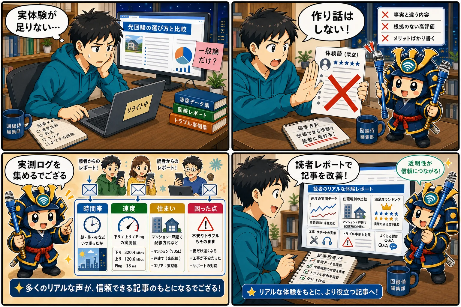 回線侍が架空の体験談ではなく読者実測レポートを集める方針を伝える4コマ漫画