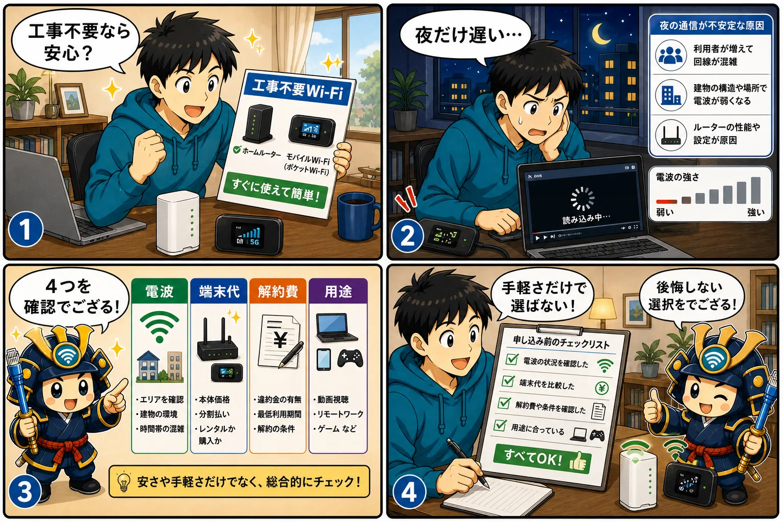 工事不要Wi-Fiを電波・端末代・解約費・用途で確認する回線侍の4コマ漫画