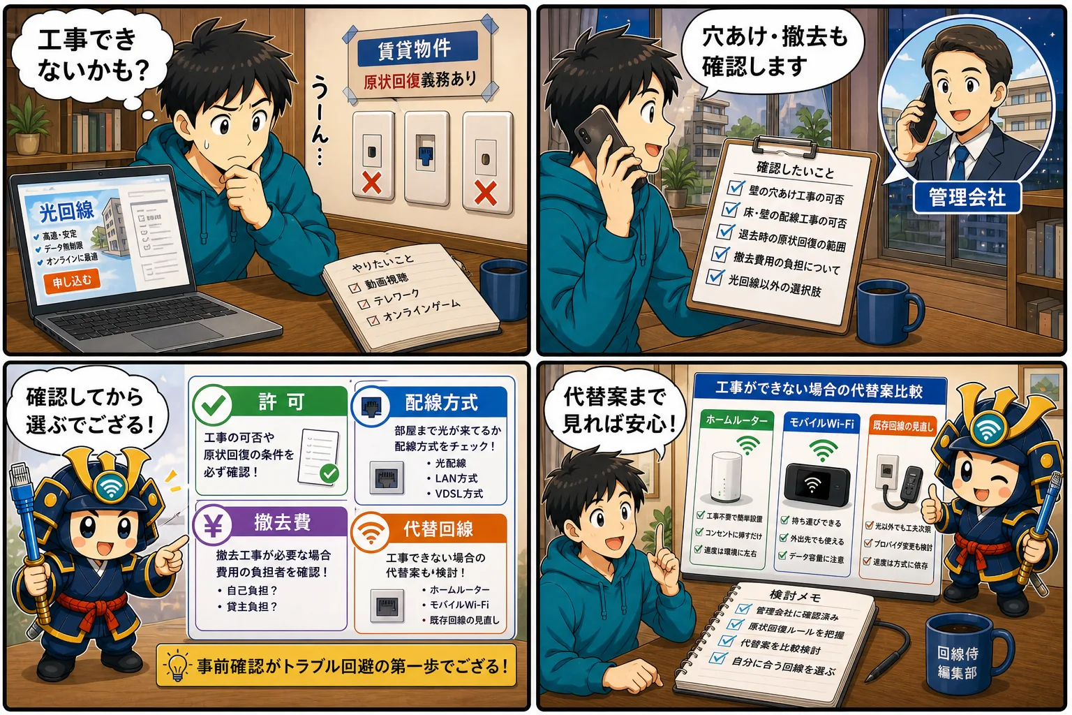 賃貸で光回線工事ができないときに管理会社確認と代替回線を整理する回線侍の4コマ漫画