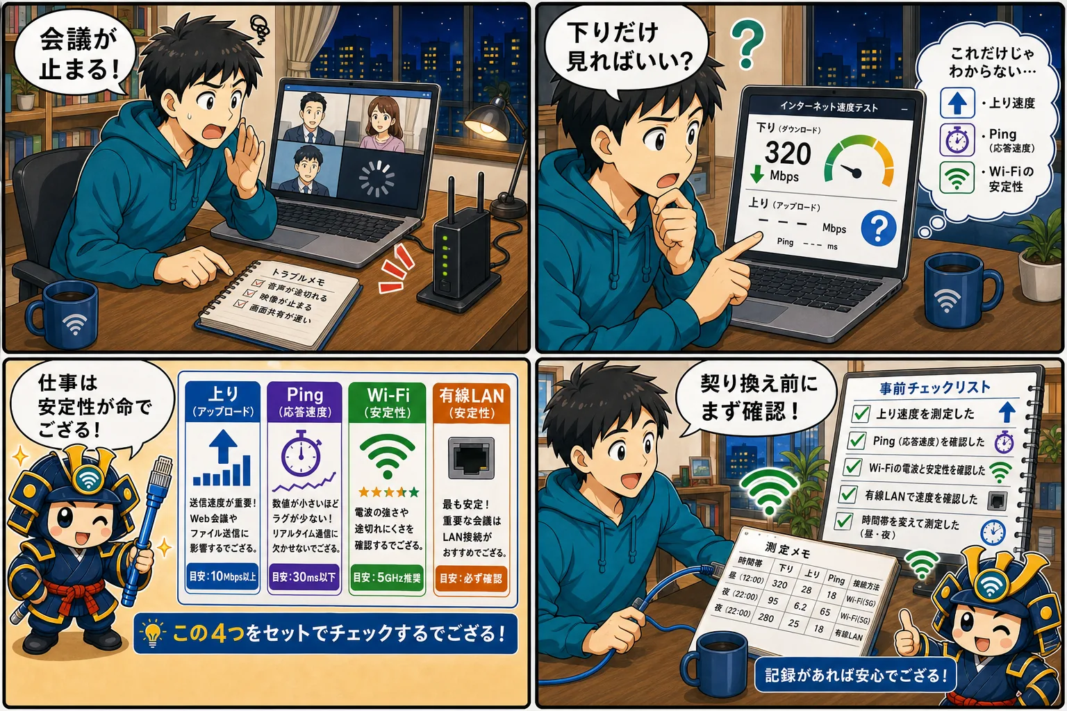 在宅勤務でネットが切れる原因を上り速度・Ping・Wi-Fi・有線LANで切り分ける回線侍の4コマ漫画