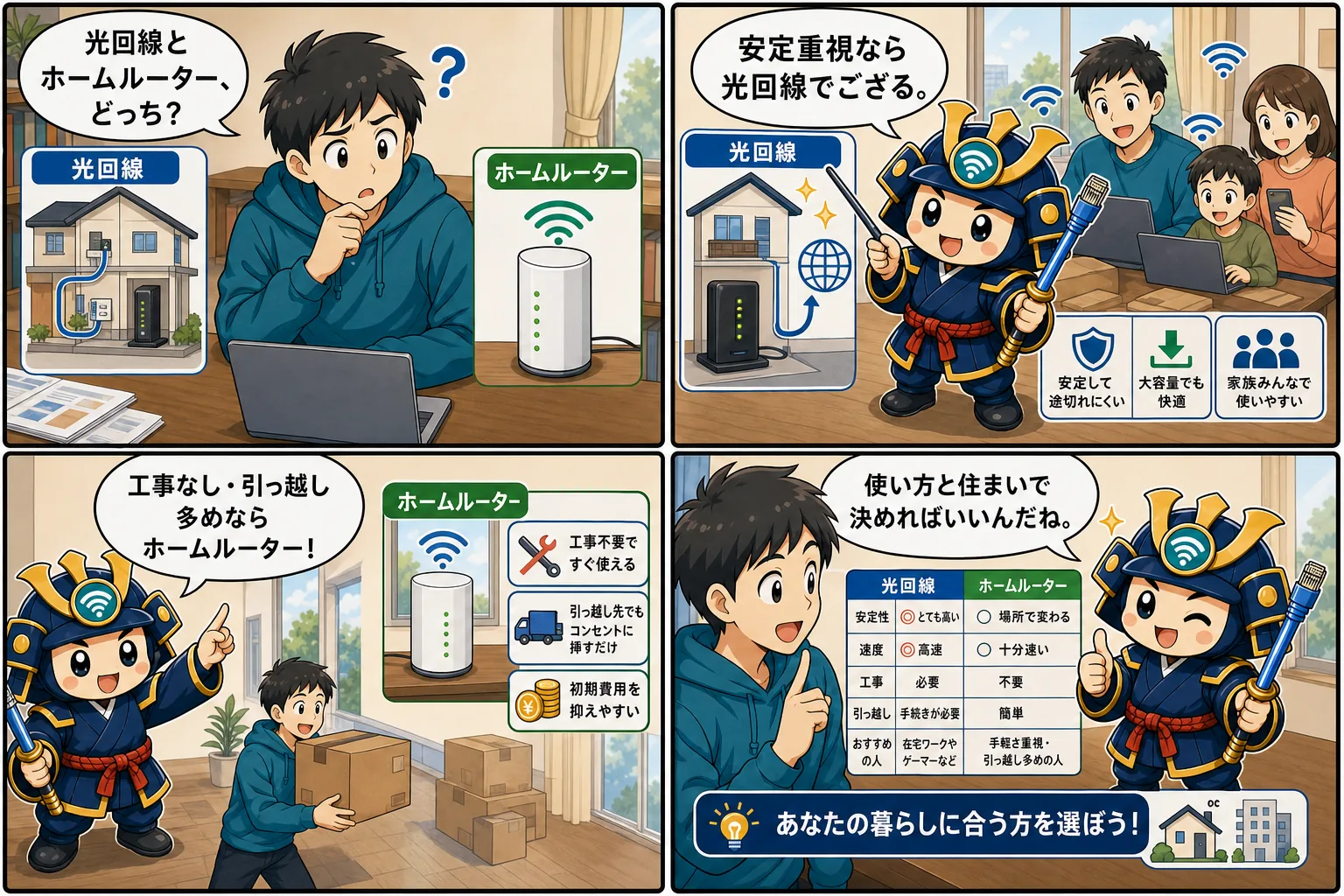 光回線とホームルーターの比較を台詞入り記事別4コマ漫画で解説