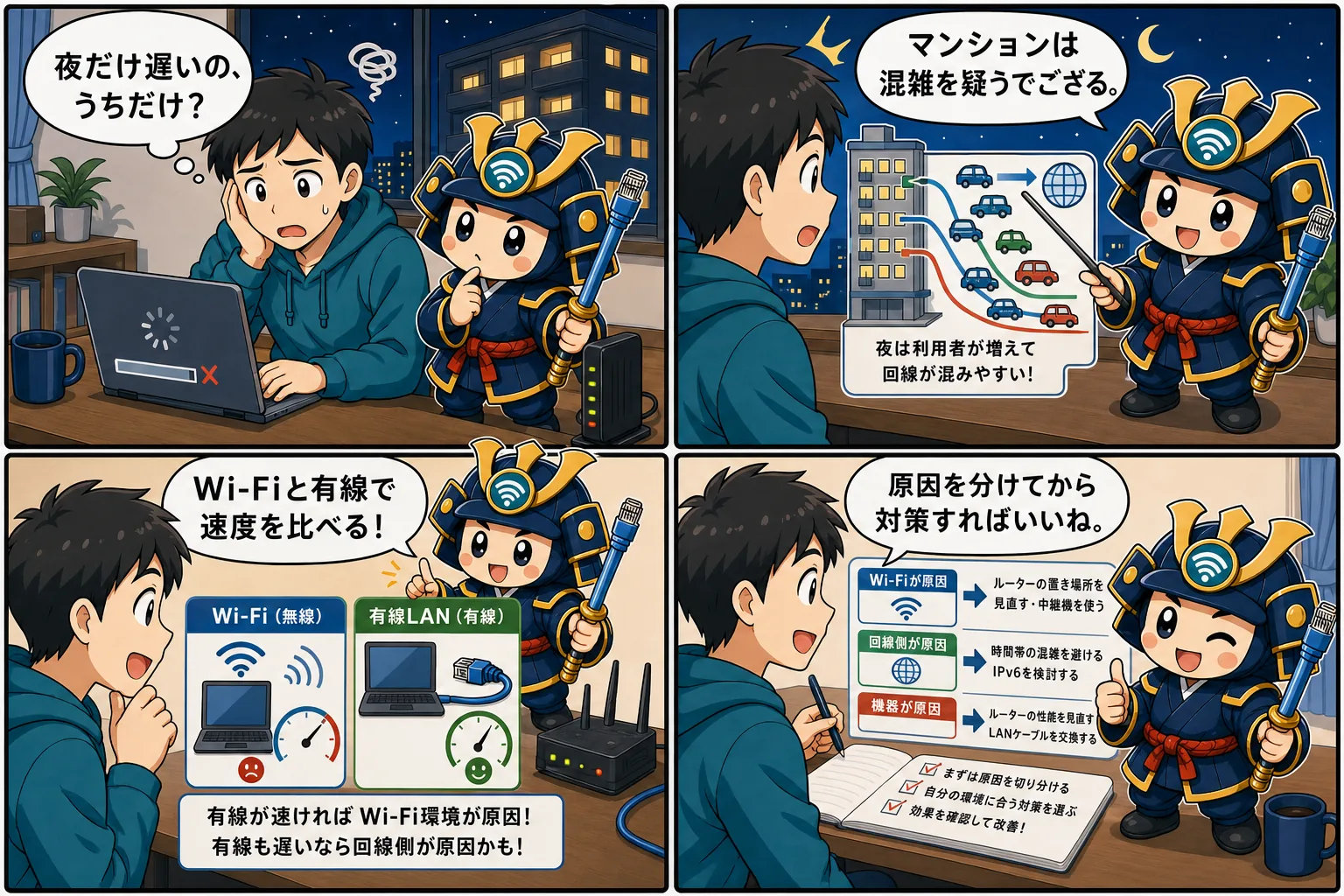 マンションの光回線が夜だけ遅い原因を台詞入り記事別4コマ漫画で解説