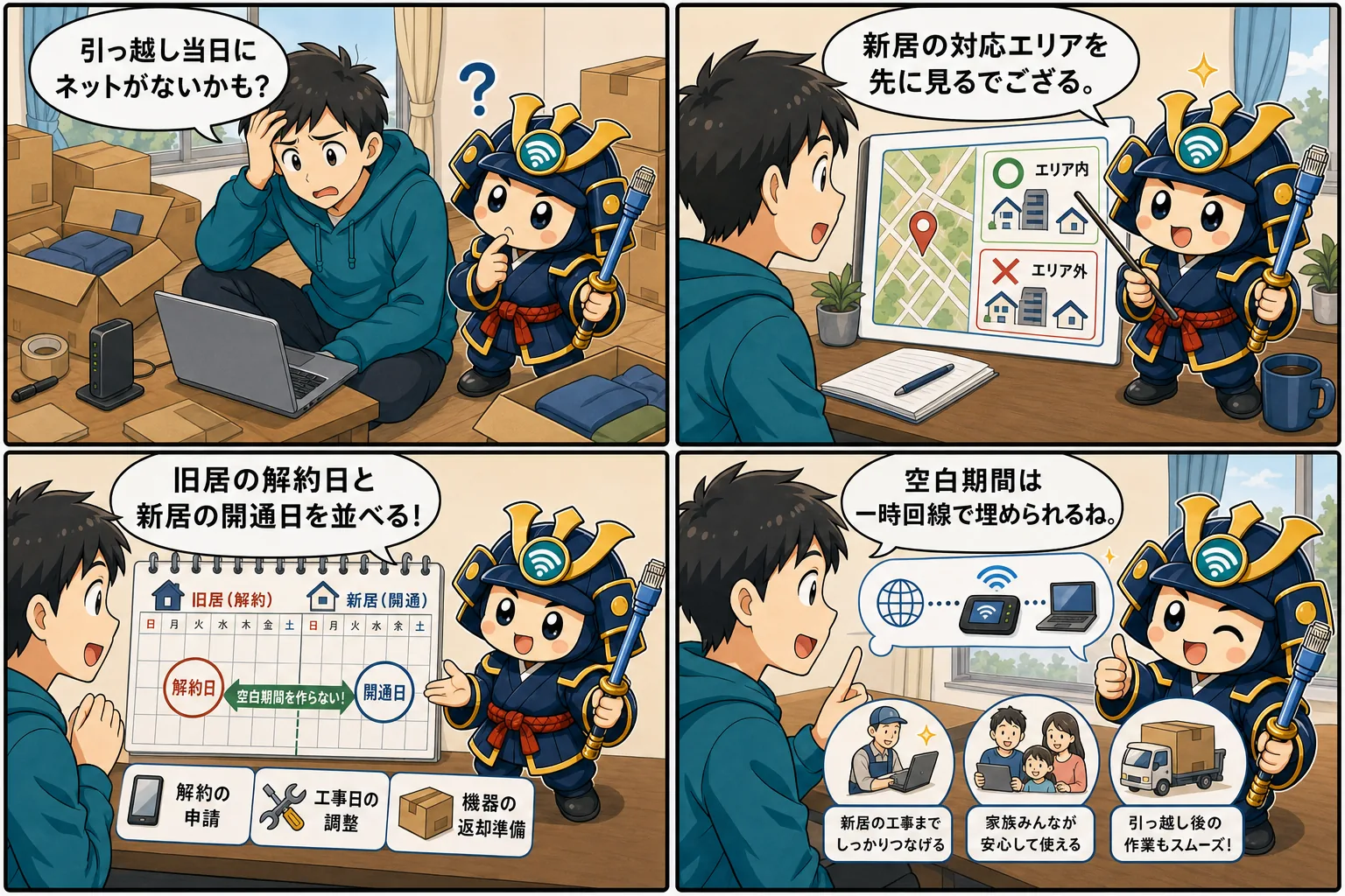 引っ越し時のインターネット手続きを台詞入り記事別4コマ漫画で解説