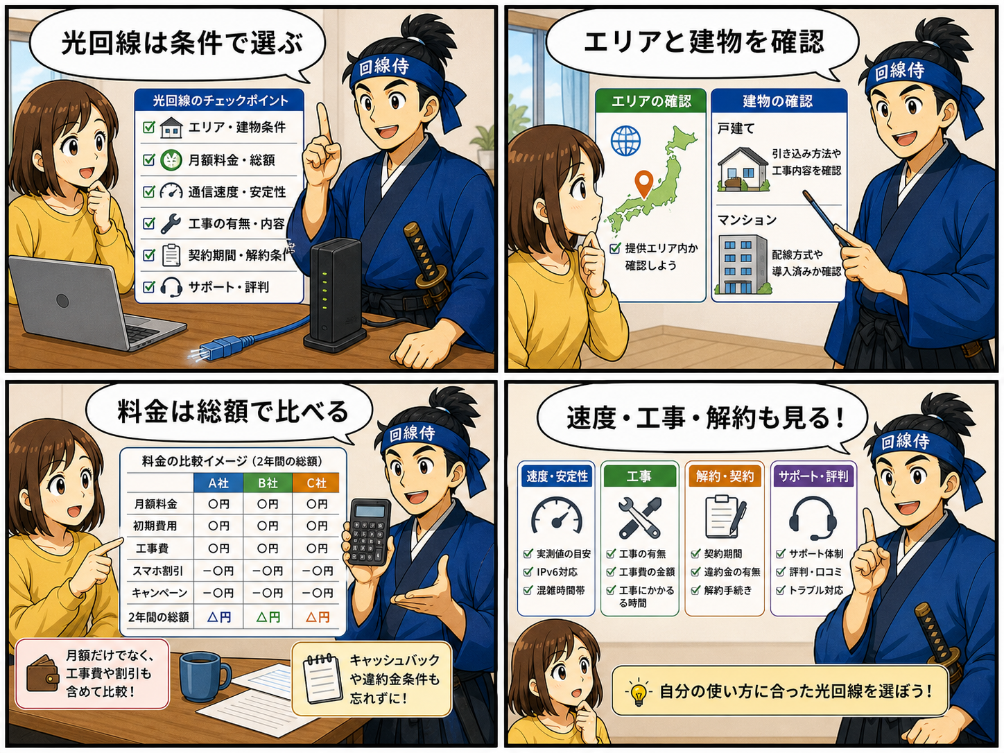 光回線の選び方完全ガイドを回線侍が4コマ漫画で解説