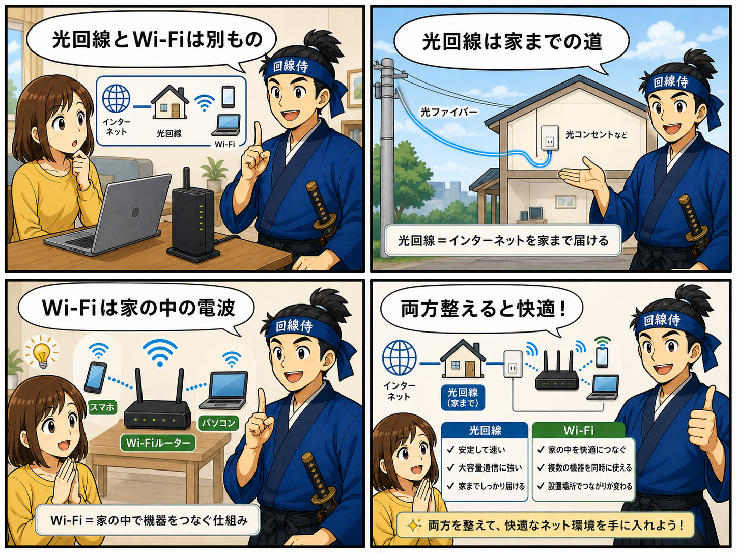 光回線とWi-Fiの違いを回線侍が4コマ漫画で解説