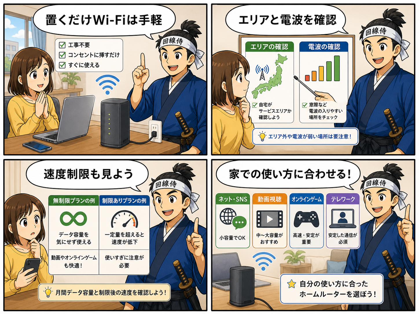 ホームルーターおすすめ比較の選び方を回線侍が4コマ漫画で解説