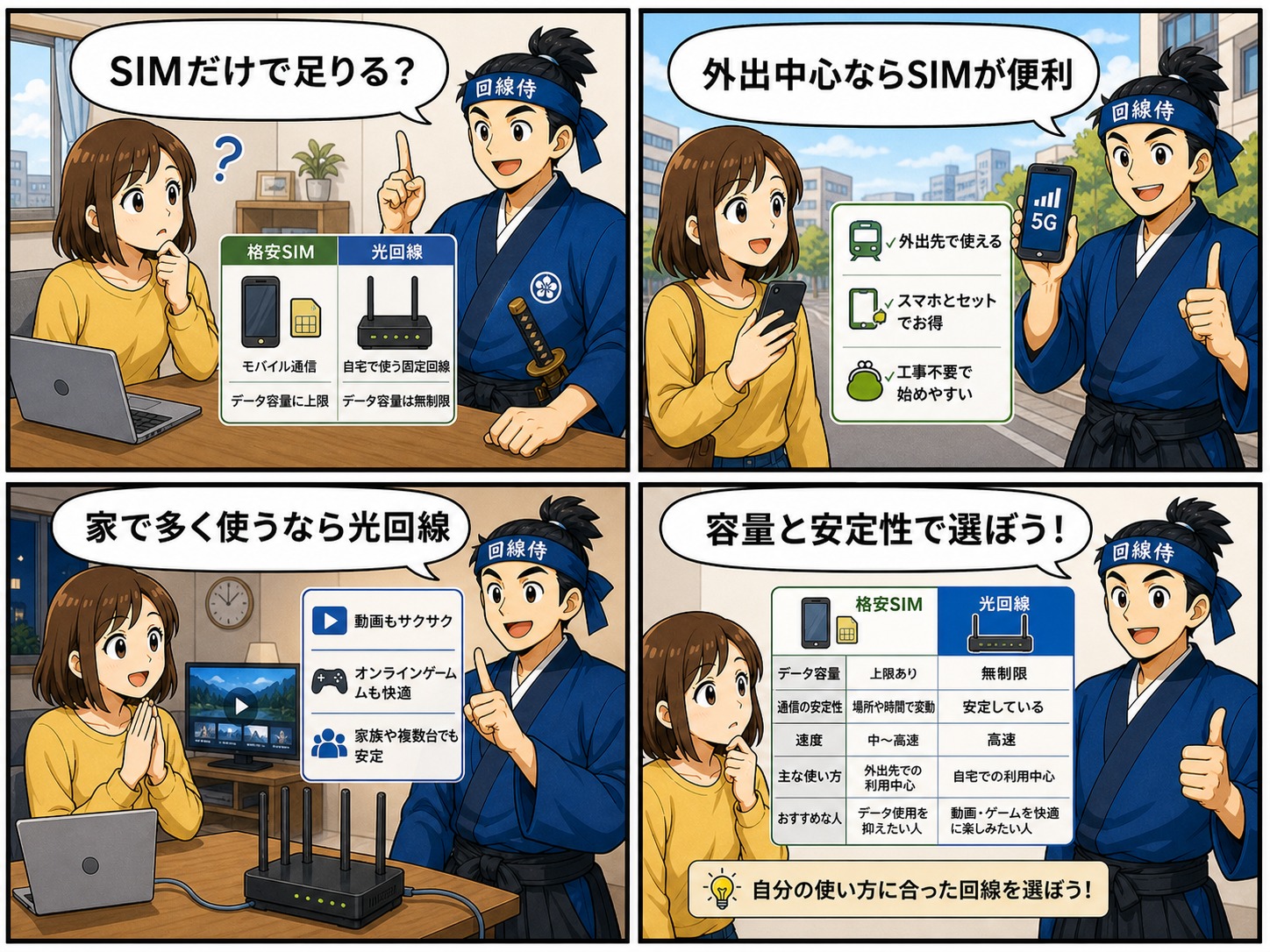 格安SIMと光回線の違いを回線侍が4コマ漫画で解説