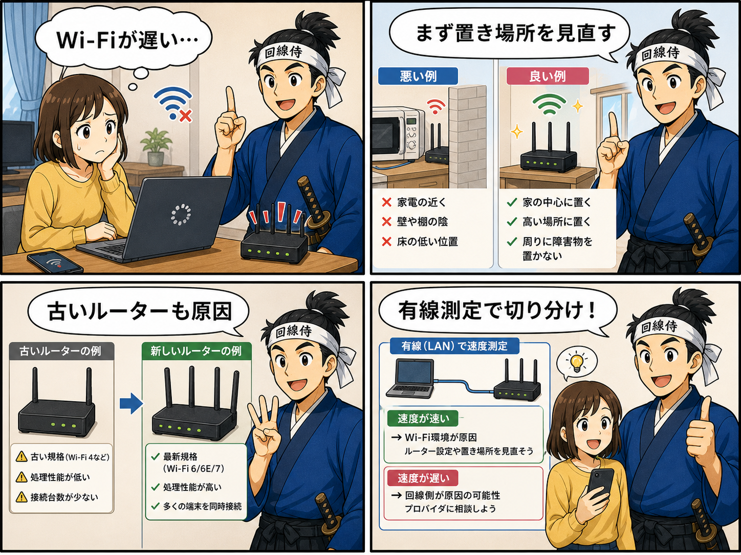 Wi-Fiの速度が遅い原因と改善方法を回線侍が4コマ漫画で解説