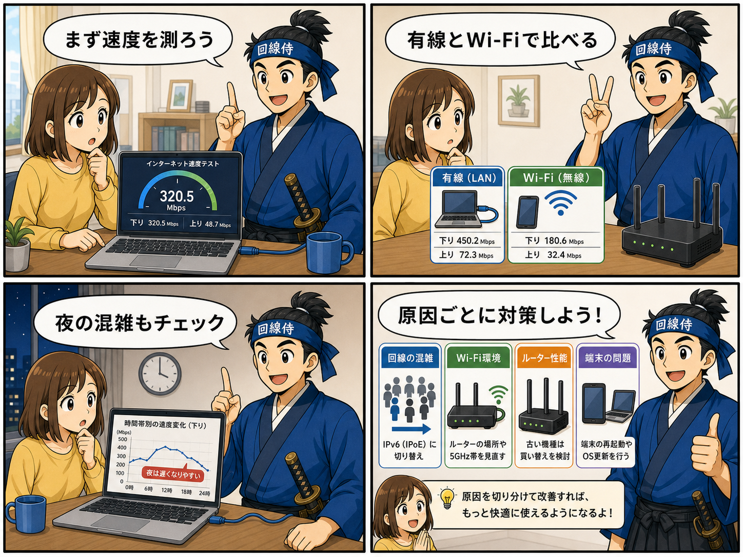 光回線の速度目安と改善ポイントを回線侍が4コマ漫画で解説